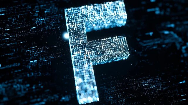 Glowing blue digital crystal letter F on dark futuristic network