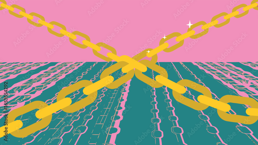 Poster blockchain chain links with glowing tech grid.