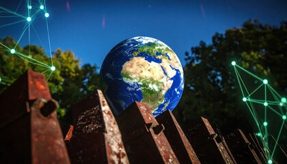 Earth atop a rusty fence, connected by a digital network