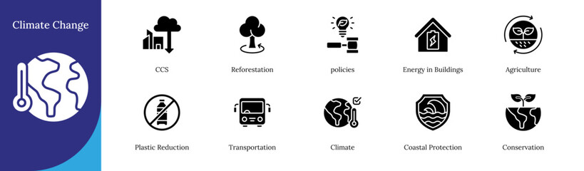 Climate Change Glyph Black Silhouette Icon Sheet Design Vector - CCS, reforestation, sustainable policies, green buildings, conservation, agriculture, plastic reduction, clean transport