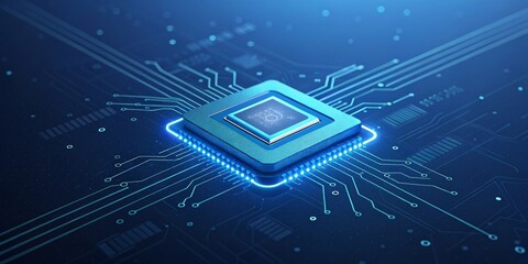 Glowing blue microprocessor with integrated circuits and data streams on dark background