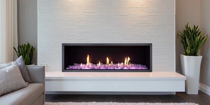 modern fireplace inside living room den - flames providing heat and light inside while venting through the chimney above