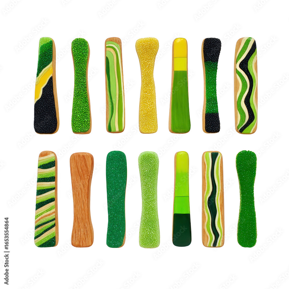 Poster colorful abstract cookie set with green yellow and brown icing featuring wavy striped and textured p