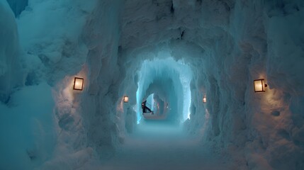 A captivating tunnel carved from frozen snow, illuminated by warm light fixtures, evokes a serene and magical atmosphere.