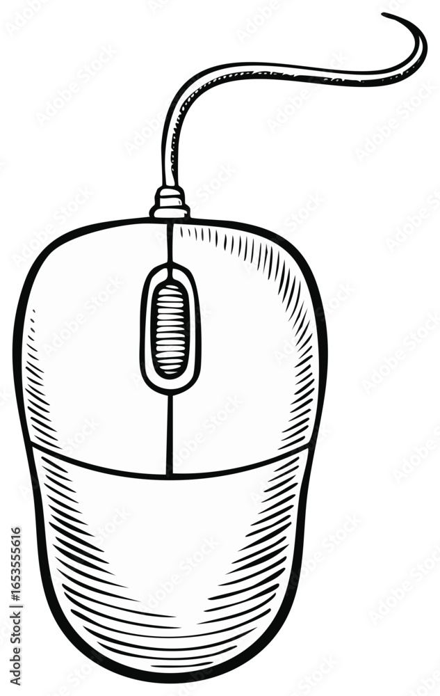 Poster vintage style hand drawn sketch of a wired computer mouse with a scroll wheel