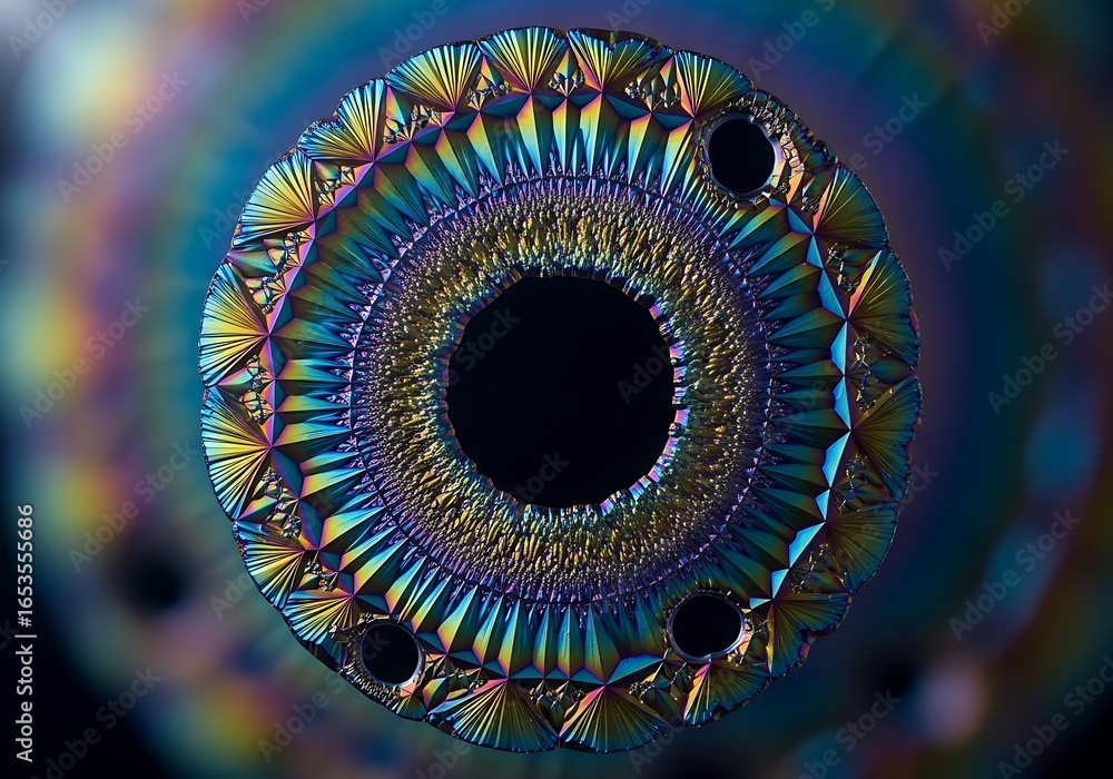 Poster mesmerizing iridescent geometric circular design with a dark center providing a sense of depth