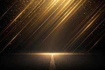 Golden light streaks and particles illuminate a dark textured background with a bright reflection