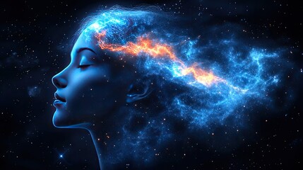 Obraz premium Conceptual depiction of a woman's mind, energy and consciousness in space