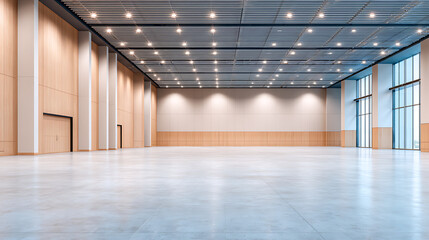 Fototapeta premium vast empty convention hall with shiny concrete floor, beige walls. modern architecture of exhibition center interior, design with perspective view of metal ceiling, bright lights. commercial space