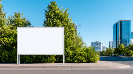 white blank advertising banner at trolley bus stop in city near park. empty billboard for advertisement. commercial space for design, marketing messages. urban transport. roadside, information signs,