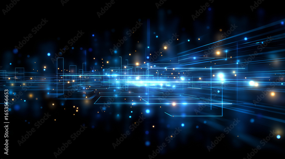 Poster digital luminescence: abstract digital landscape of glowing lights and lines, creating a futuristic 