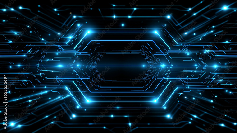 Poster digital circuitry: intricate lines of illuminated circuit, showcasing technological sophistication. 
