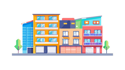 Colorful urban streetscape illustration with buildings, apartments, and city architecture design vector