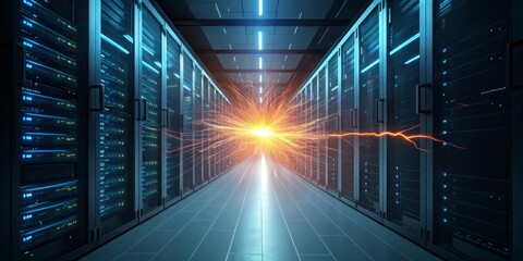 Futuristic data center server room with glowing energy burst and blue neon lights