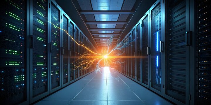 Illuminated server room corridor with glowing lights and digital data flow - Powered by Adobe