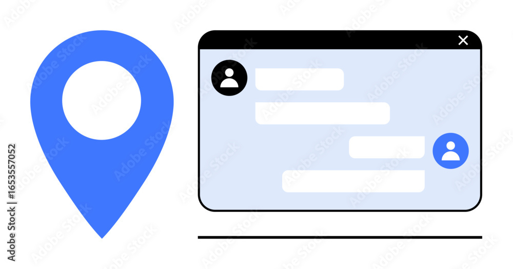Poster location pin and dialogue bubbles on chat interface emphasizing communication, navigation, and digit