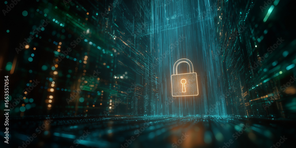 Poster digital fortress: a mesmerizing image of a glowing padlock amidst a sea of circuit board lines, evok