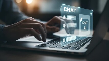 Hands typing on laptop with chat ai interface overlay showing conversation bubbles and profile icon - Powered by Adobe