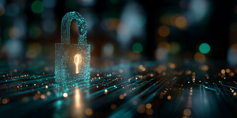 Digital Security: A luminescent padlock, symbolizing protection, rests atop a circuit board, its core illuminating with a bright key, representing security and safe passage