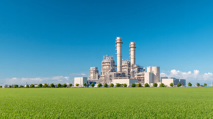 eco-friendly energy concept at industrial gas separation plant. focus on sustainability, energy efficiency, reduced carbon emissions. factory with tanks, pipes, silos against blue sky, green field.