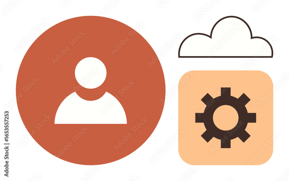 Poster user icon inside red circle next to cloud and gear icons symbolizing settings, cloud storage, and ap