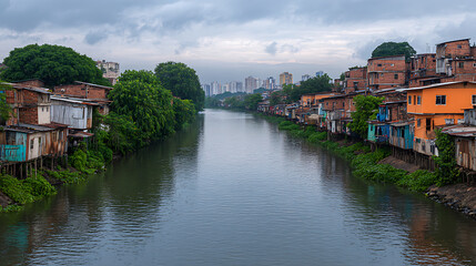 Obraz premium urban canal passes through dilapidated housing in overcast cityscape. dilapidated buildings with brick, metal, orange sheets line waterway. crowded, dense neighborhood, poor living conditions,