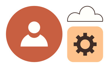 User icon inside red circle next to cloud and gear icons symbolizing settings, cloud storage, and app control. Ideal for login, account management, cloud computing, teamwork, digital tools, user