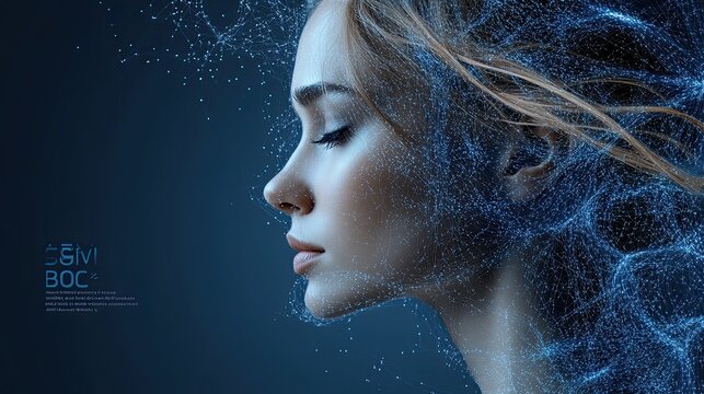 Dreamy profile portrait of a serene woman with digital particle effect overlay creating a