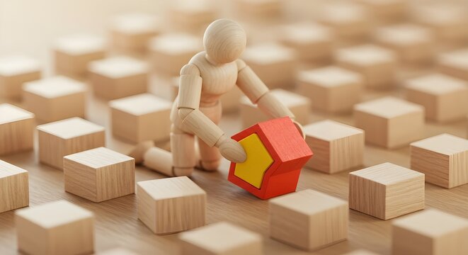 Wooden figure adds a unique block symbolizing innovation and creative thinking in business.