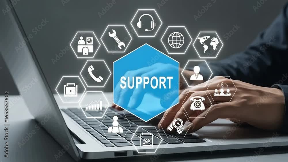 Poster person typing on laptop with support icons hovering above the keyboard in a dark gray setting