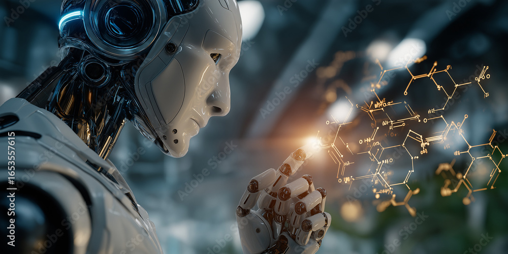 Poster cybernetic intelligence: a cutting-edge android interacts with a complex molecular structure, the im