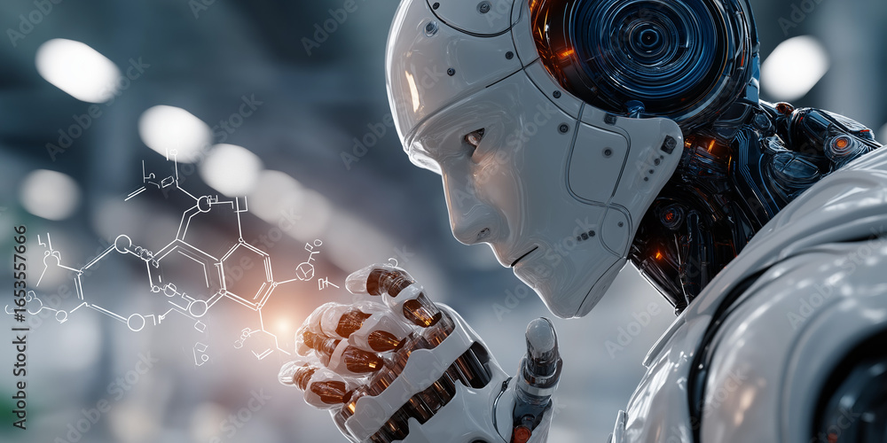 Aufkleber ai robot examining a molecular structure: an advanced ai robot, meticulously examining a complex mol
