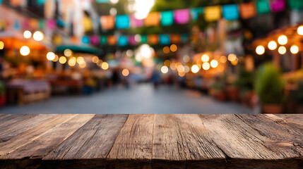 rustic wooden table foreground, blurred street background with colorful lights, flags, market stalls. offers festive ambiance for product placement, celebrating hispanic, latin, mexican heritage,