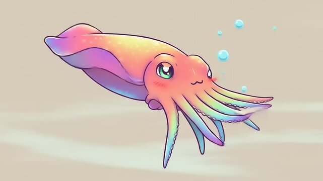 Colorful cartoon squid swimming gracefully in a serene underwater environment with bubbles