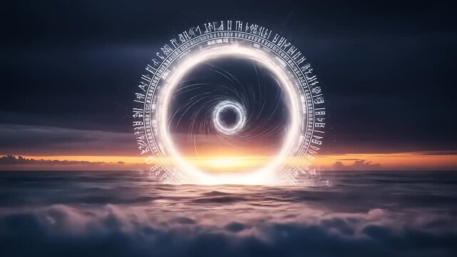 A luminous portal, swirling with arcane symbols, opens over a stormy sea at sunrise.