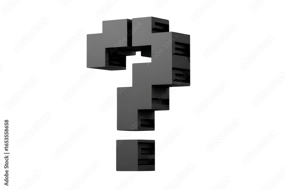 Poster 3d question mark black isolated geometric block symbol uncertainty curiosity modern abstract floatin