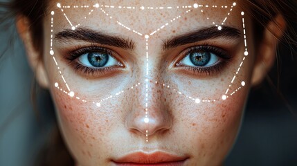 Futuristic Beauty Portrait: A Woman with Face Detection Technology Overlayed Displaying Innovation