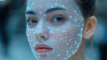 Futuristic beauty: Woman with augmented reality facial grid interface for skincare technology