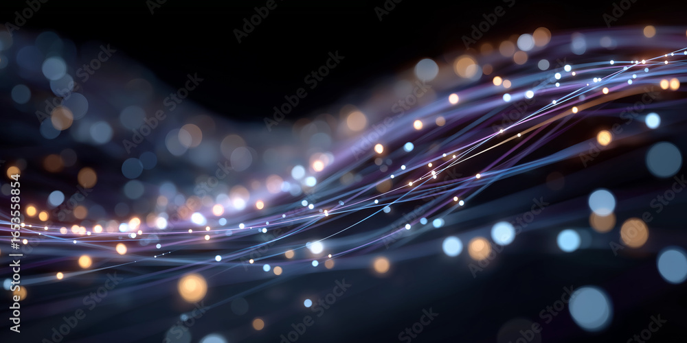 Poster digital flow: an abstract depiction of interconnected digital pathways, each luminous with light and