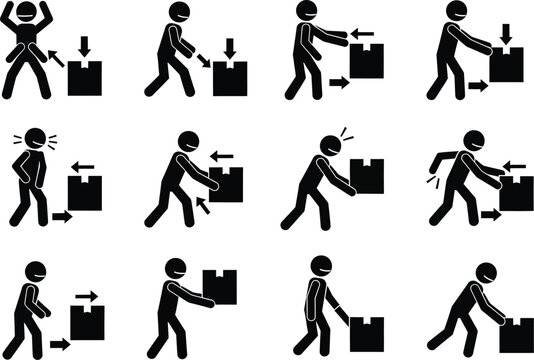 Set of twelve pictogram illustrations showing safe and unsafe methods for lifting and carrying heavy boxes and packages