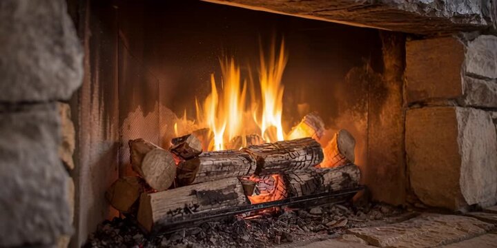 modern fireplace inside living room den - flames providing heat and light inside while venting through the chimney above