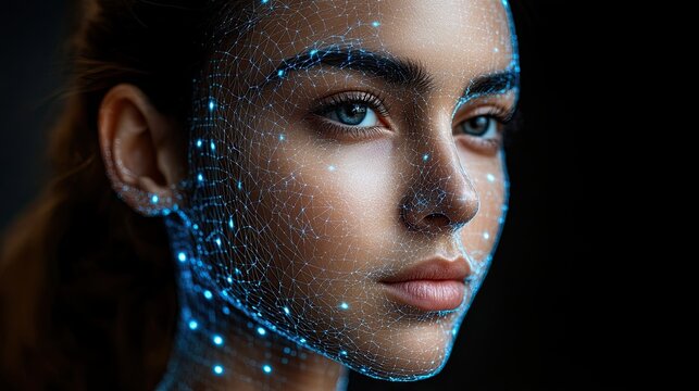 Futuristic portrait of a woman with a digital interface over her face reflecting technological