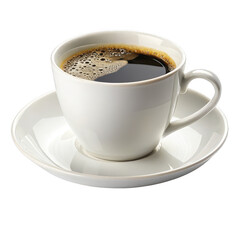 Fototapeta premium A white cup of hot black coffee with foam on a saucer isolated on transparent background