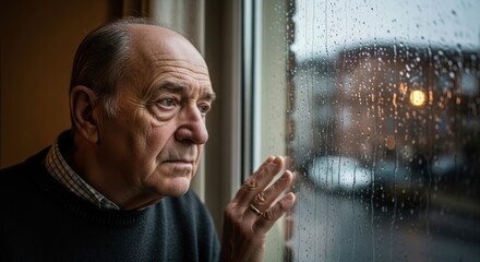 Reflective senior man staring thoughtfully through a rain-streaked windowpane