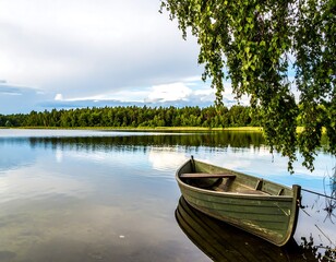 Obraz premium Peaceful lake scene with a small boat