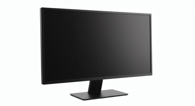 High-resolution flat-screen monitor displaying a dark, blank screen on a minimalist stand, perfect for office or home use