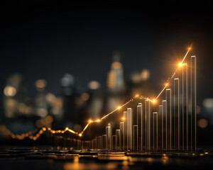 Illuminated Growth: A captivating visualization of rising business growth and market analysis, with a glowing upward trending graph set against the subtle backdrop of a blurred cityscape.