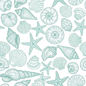 Seamless pattern of seashells and starfish in a vintage illustration style