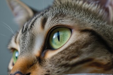 Close-up of a tabby cat with striking green eyes