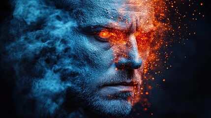 Intense Gaze: A Digital Portrait of a Man with Fiery and Icy Elements Fusion